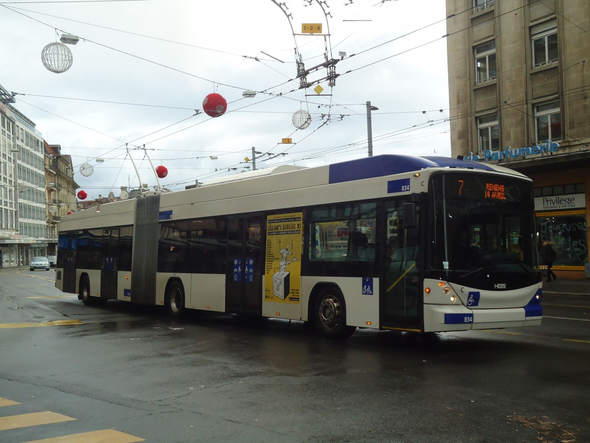 (137'232) - TL Lausanne - Nr. 834 - Hess/Hess Gelenktrolleybus am 18. Dezember 2011 in Lausanne, Bel-Air