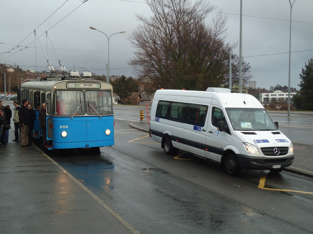 (137'285) - TL Lausanne (Rtrobus) - Nr. 656 - FBW Trolleybus + TL Lausanne Nr. 23/VD 534'326 - Mercedes am 18. Dezember 2011 in Lausanne, Bourdonnette