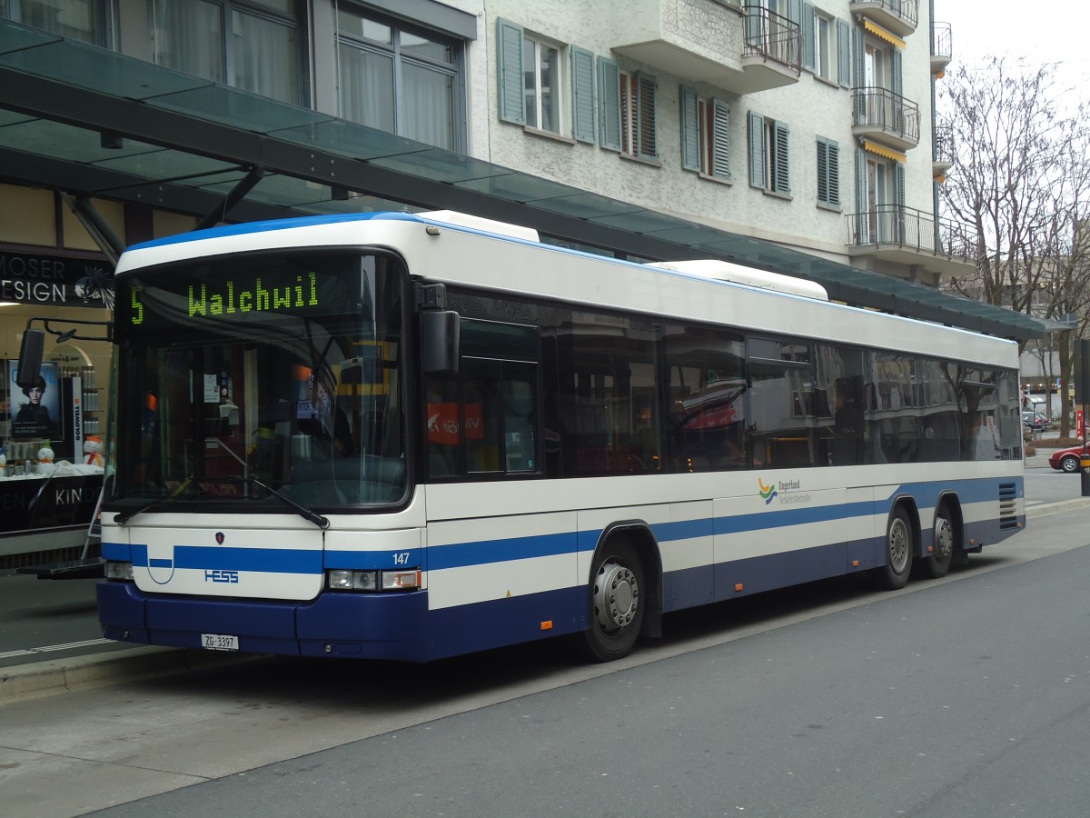 (137'961) - ZVB Zug - Nr. 147/ZG 3397 - Scania/Hess am 6. Mrz 2012 beim Bahnhof Zug