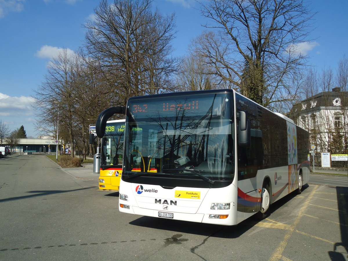 (138'071) - Geissmann, Hgglingen - AG 208'700 - MAN am 6. Mrz 2012 beim Bahnhof Wohlen