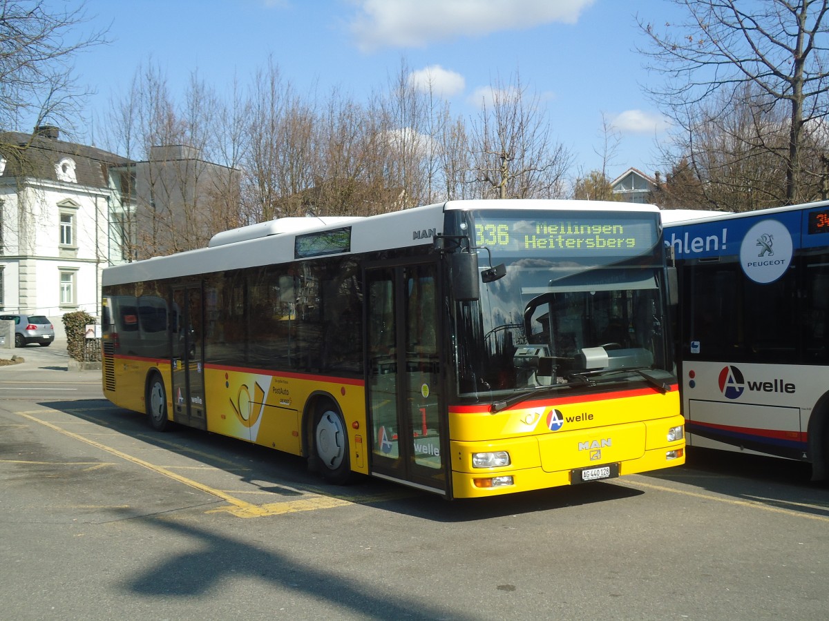 (138'072) - Geissmann, Hgglingen - AG 440'128 - MAN am 6. Mrz 2012 beim Bahnhof Wohlen