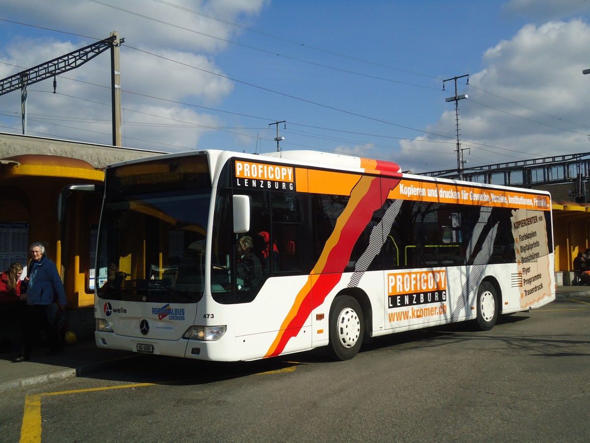 (138'086) - Knecht, Windisch - Nr. 473/AG 6080 - Mercedes (ex Nr. 73) am 6. Mrz 2012 beim Bahnhof Lenzburg