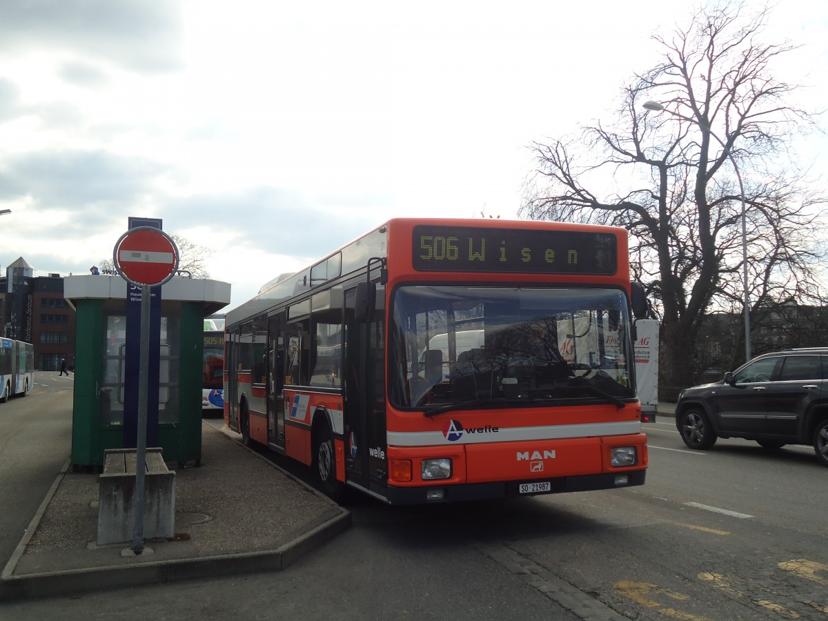 (138'117) - BOGG Wangen b.O. - Nr. 21/SO 21'987 - MAN (ex AGO Olten Nr. 21) am 6. Mrz 2012 beim Bahnhof Olten