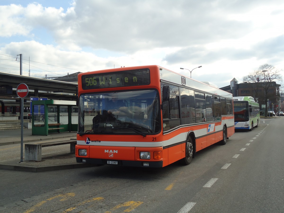 (138'118) - BOGG Wangen b.O. - Nr. 21/SO 21'987 - MAN (ex AGO Olten Nr. 21) am 6. Mrz 2012 beim Bahnhof Olten