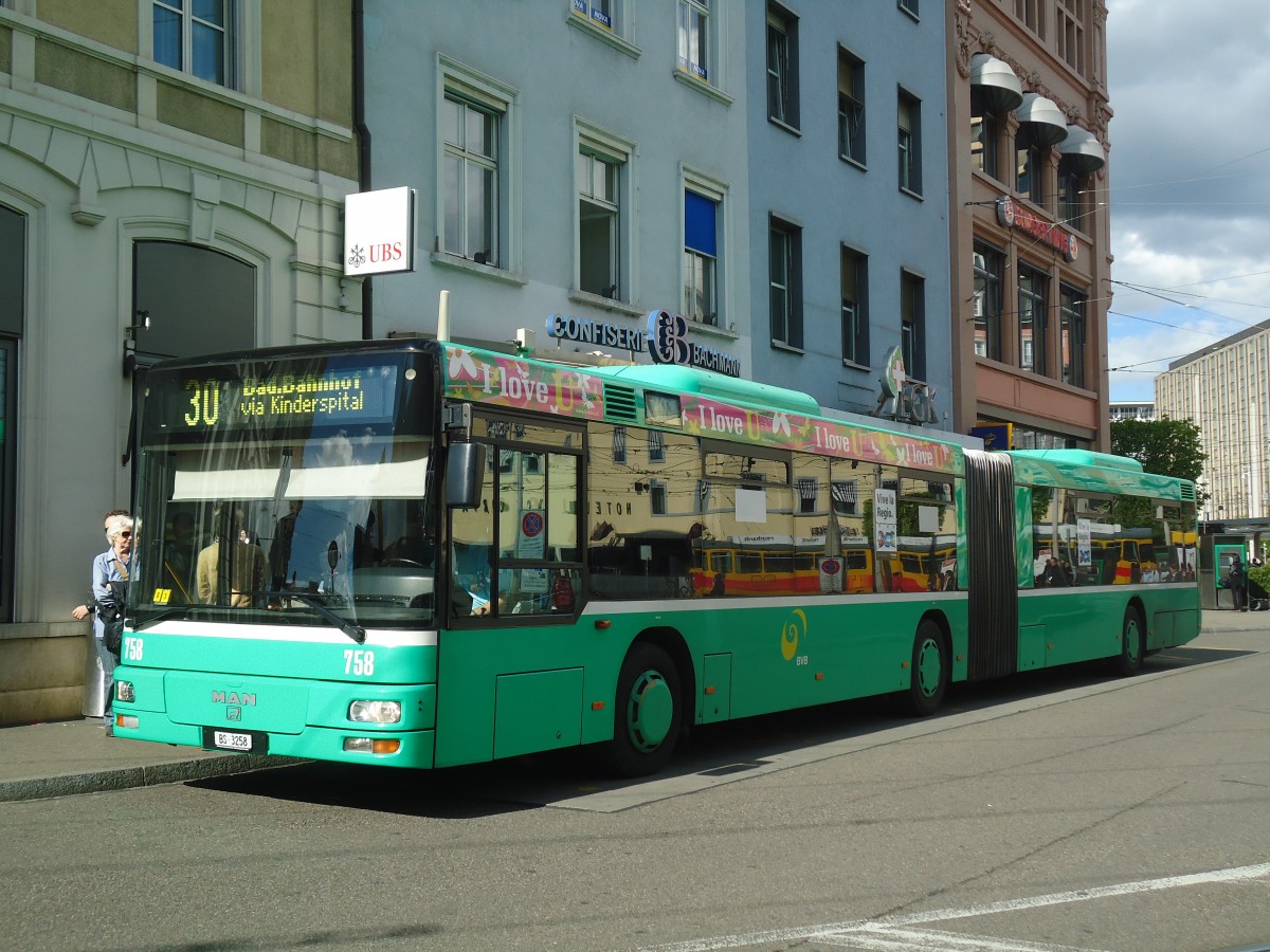 (138'701) - BVB Basel - Nr. 758/BS 3258 - MAN am 6. Mai 2012 beim Bahnhof Basel