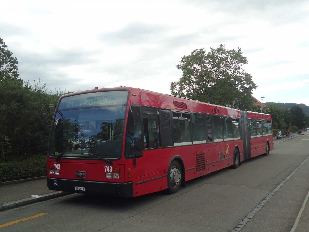 (140'472) - BVB Basel - Nr. 743/BS 98'990 - Van Hool (ex Bernmobil, Bern Nr. 241) am 11. Juli 2012 in Pratteln, Bahnhofstrasse