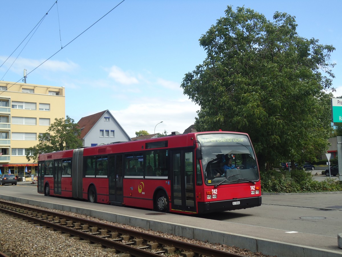 (140'478) - BVB Basel - Nr. 742/BS 98'966 - Van Hool (ex Bernmobil, Bern Nr. 249) am 11. Juli 2012 in Pratteln, Bahnhofstrasse