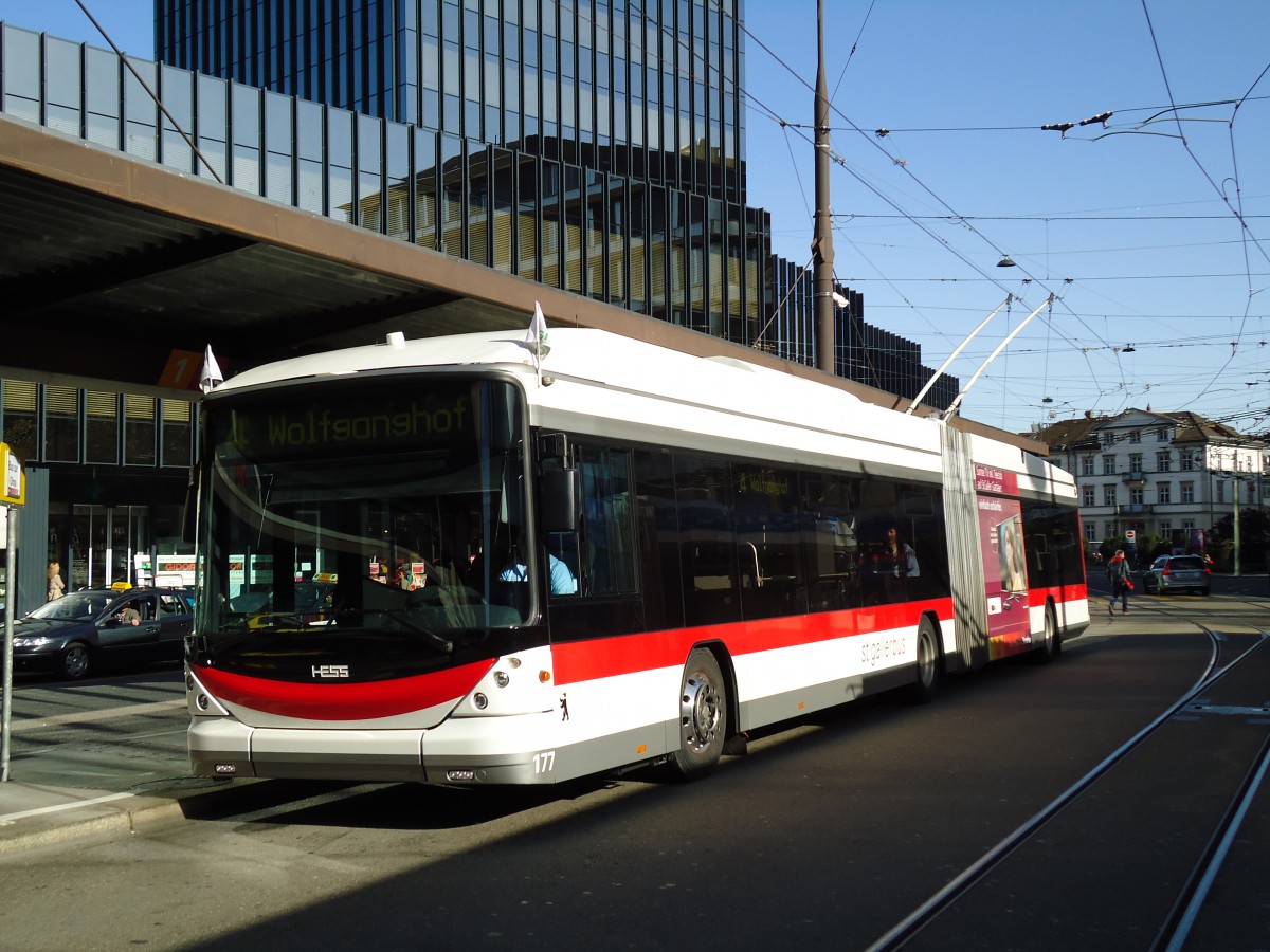 (141'962) - St. Gallerbus, St. Gallen - Nr. 177 - Hess/Hess Gelenktrolleybus am 20. Oktober 2012 beim Bahnhof St. Gallen