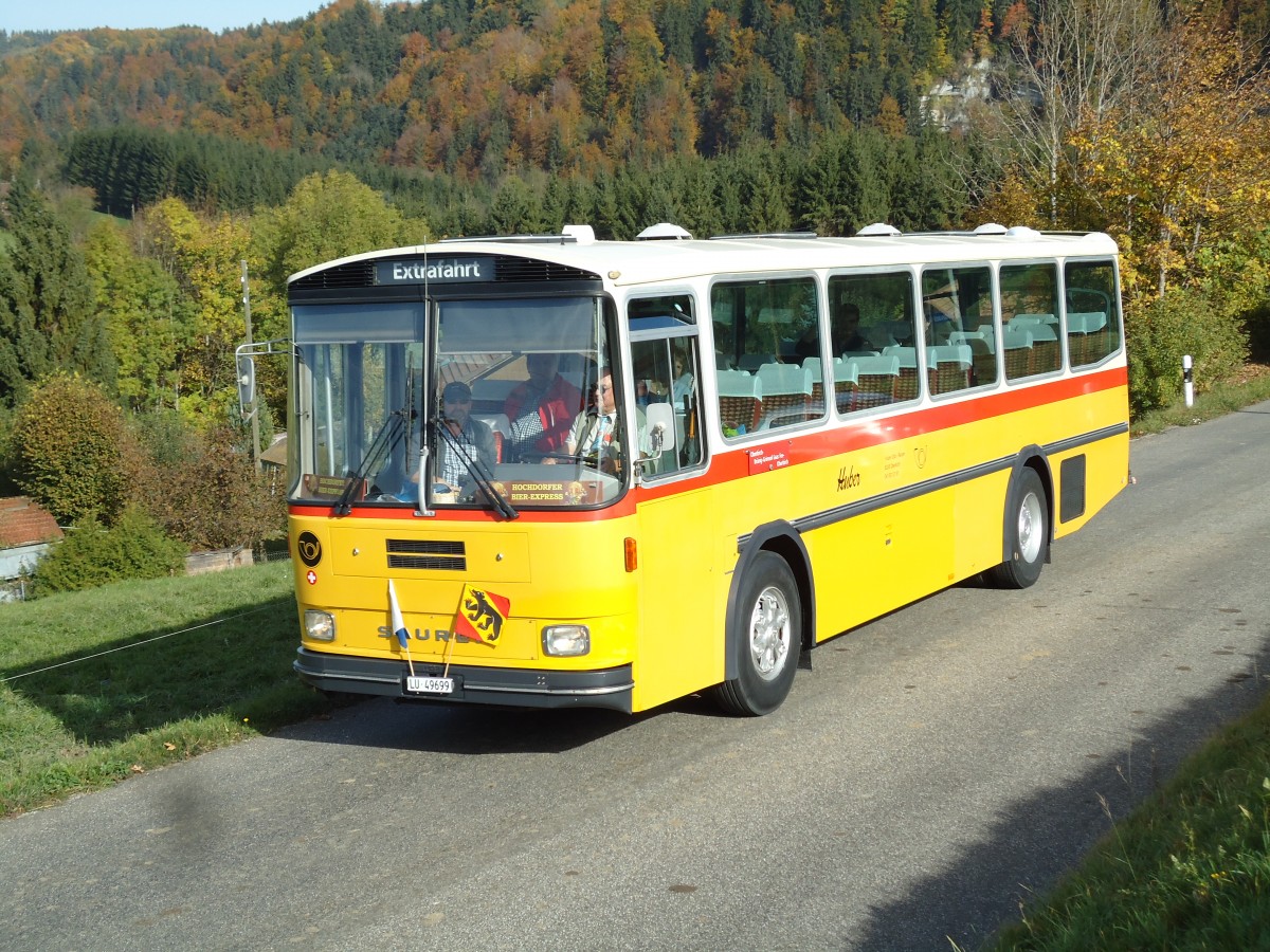 (142'017) - Huber, Oberkirch - LU 49'699 - Saurer/R&J (ex Frigg, Zernez; ex P 24'283) am 21. Oktober 2012 bei Zumholz 