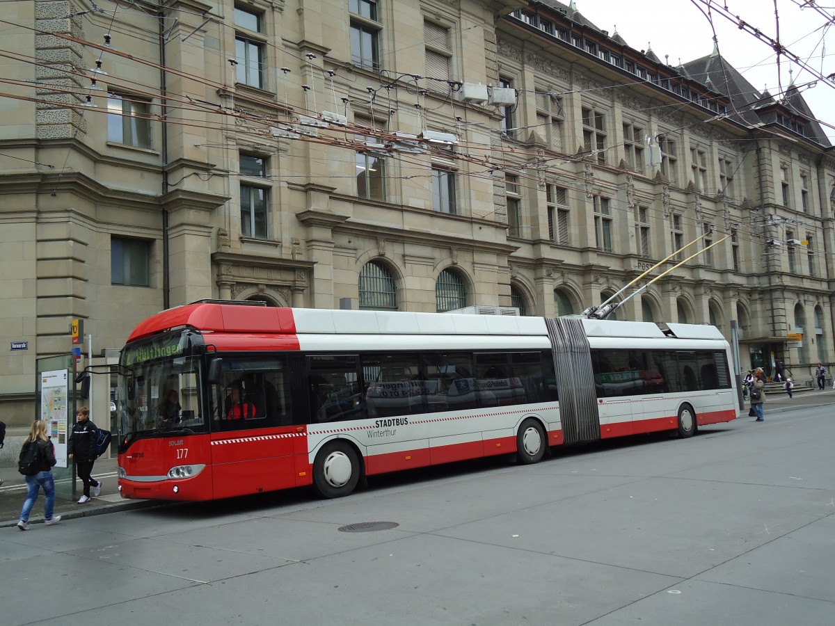 (142'108) - SW Winterthur - Nr. 177 - Solaris Gelenktrolleybus am 24. Oktober 2012 beim Hauptbahnhof Winterthur