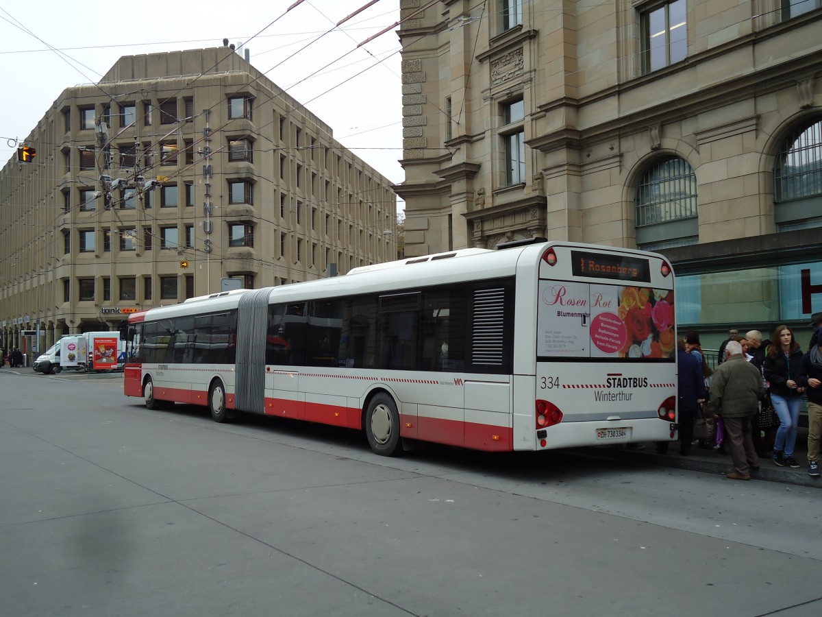 (142'118) - SW Winterthur - Nr. 334/ZH 730'334 - Solaris am 24. Oktober 2012 beim Hauptbahnhof Winterthur