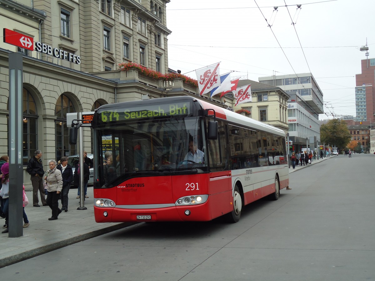 (142'127) - SW Winterthur - Nr. 291/ZH 730'291 - Solaris am 24. Oktober 2012 beim Hauptbahnhof Winterthur