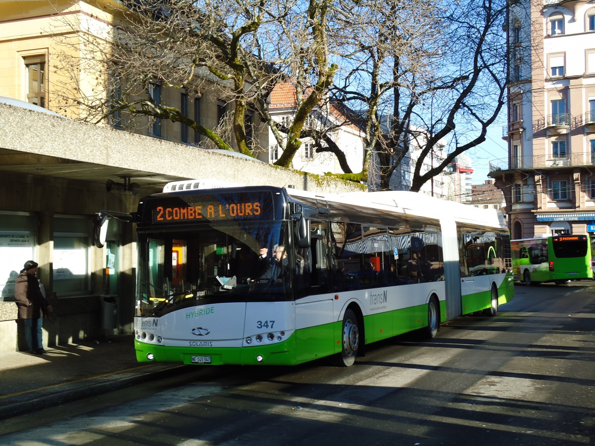 (142'761) - transN, La Chaux-de-Fonds - Nr. 347/NE 145'347 - Solaris am 29. Dezember 2012 beim Bahnhof La Chaux-de-Fonds