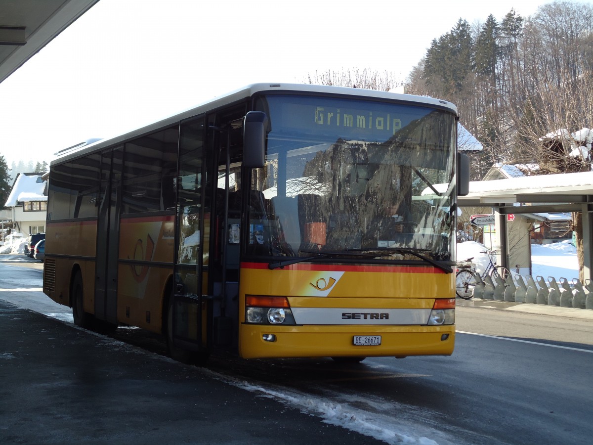 (143'199) - Spring, Schwenden - BE 26'671 - Setra am 17. Februar 2013 beim Bahnhof Oey-Diemtigen