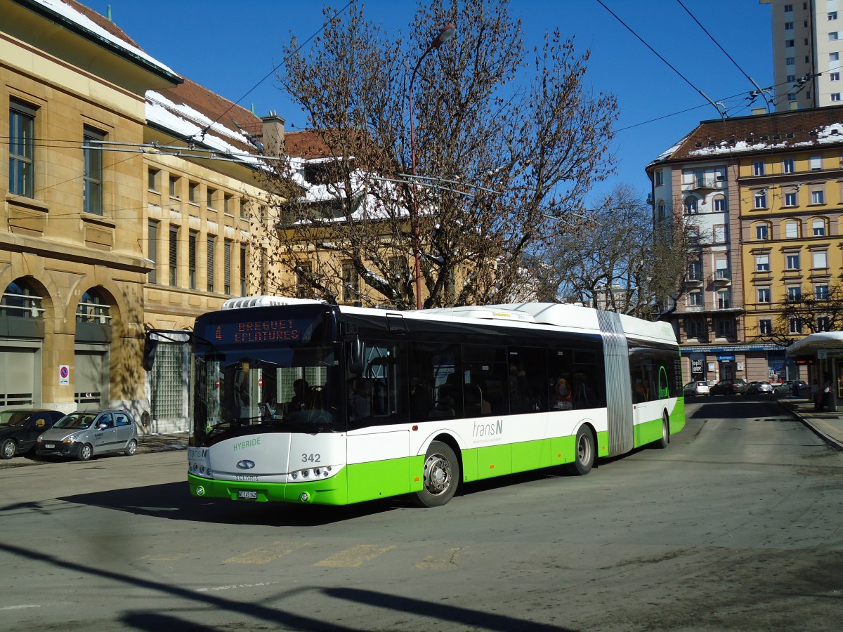 (143'230) - transN, La Chaux-de-Fonds - Nr. 342/NE 145'342 - Solaris am 19. Februar 2013 beim Bahnhof La Chaux-de-Fonds