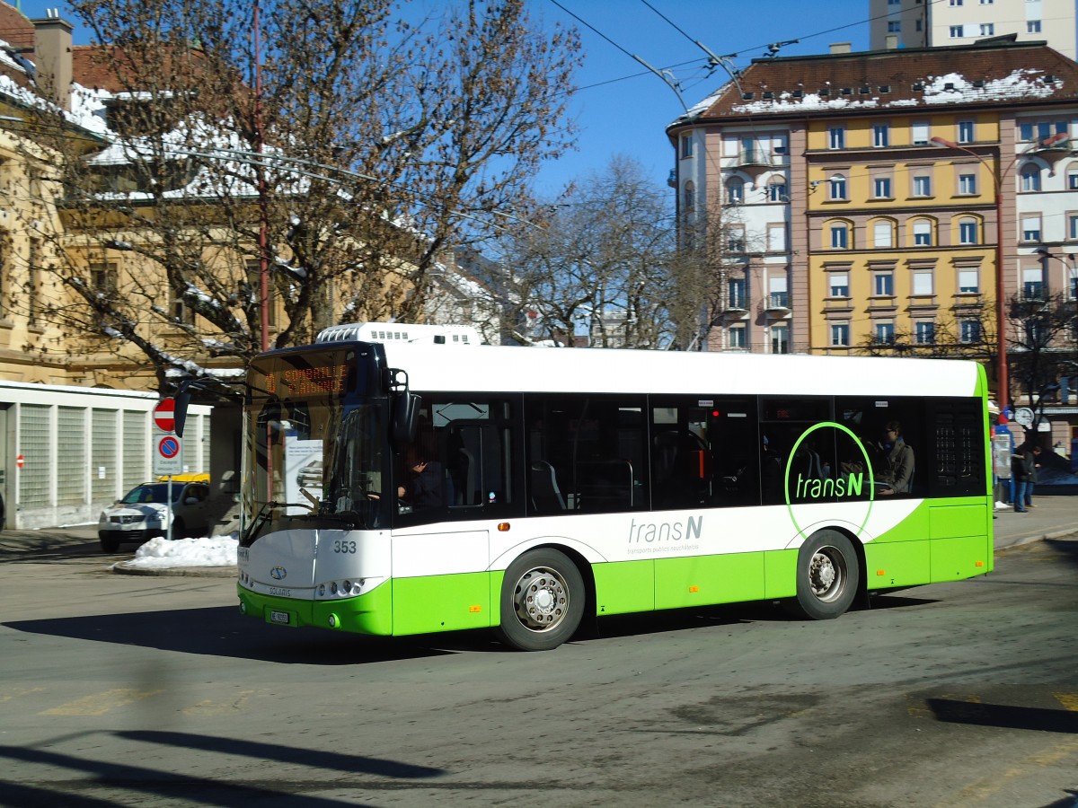 (143'237) - transN, La Chaux-de-Fonds - Nr. 353/NE 92'353 - Solaris (ex TRN La Chaux-de-Fonds Nr. 353) am 19. Februar 2013 beim Bahnhof La Chaux-de-Fonds