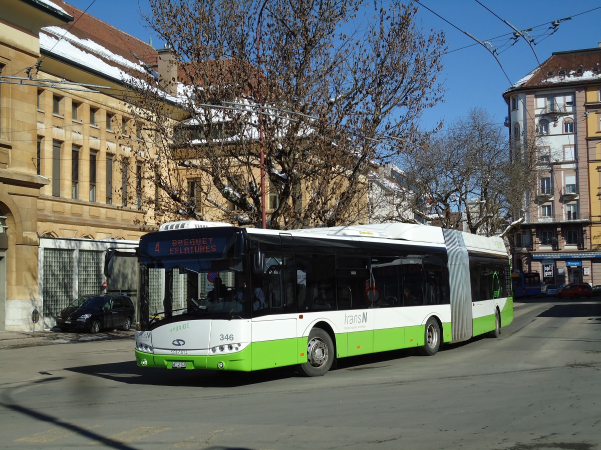 (143'263) - transN, La Chaux-de-Fonds - Nr. 346/NE 145'346 - Solaris am 19. Februar 2013 beim Bahnhof La Chaux-de-Fonds