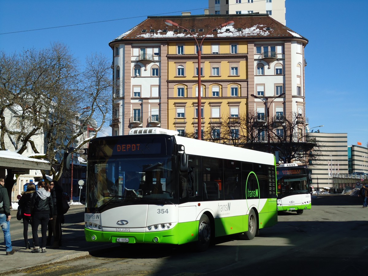 (143'269) - transN, La Chaux-de-Fonds - Nr. 354/NE 93'354 - Solaris (ex TRN La Chaux-de-Fonds Nr. 354) am 19. Februar 2013 beim Bahnhof La Chaux-de-Fonds