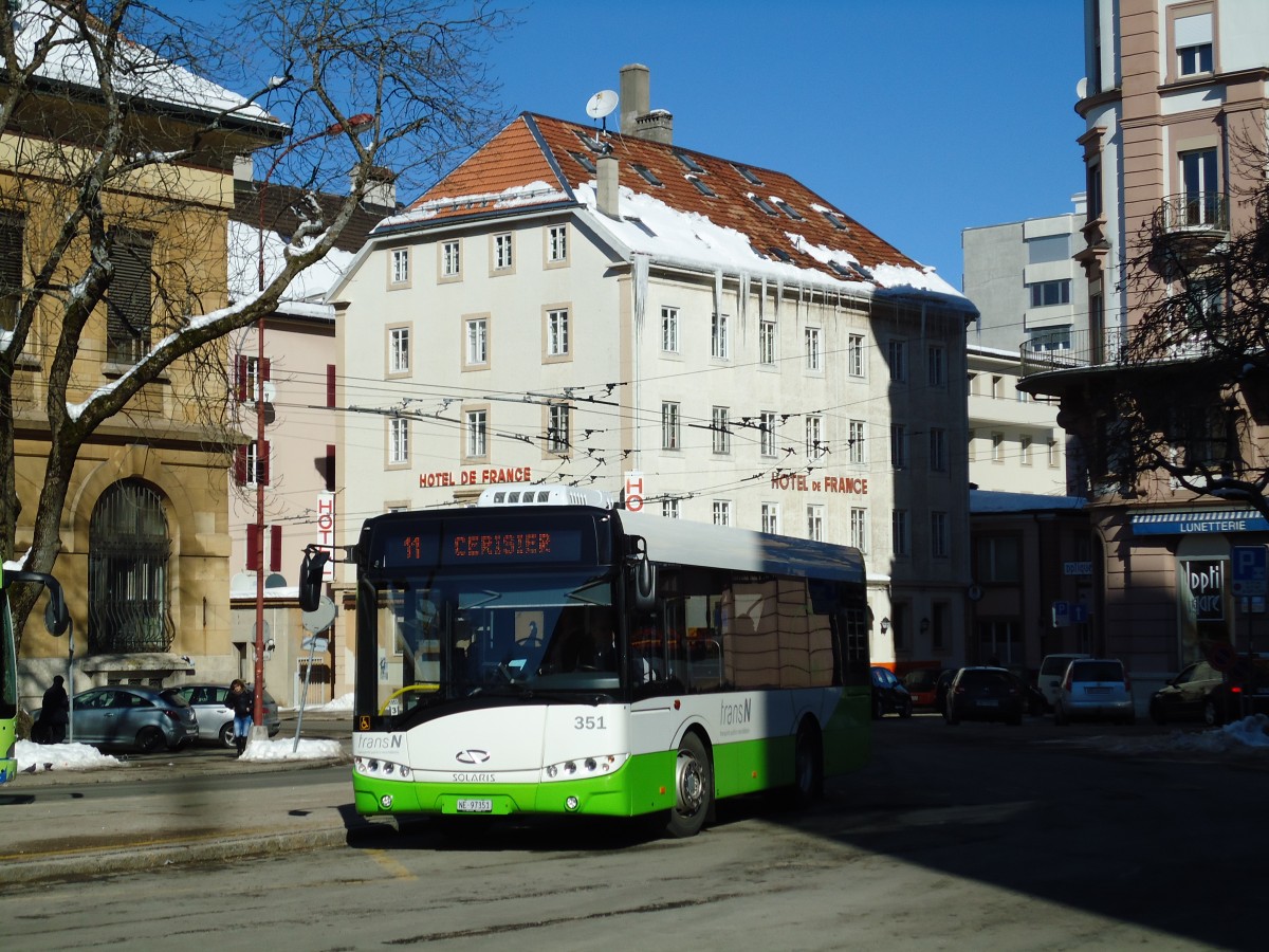 (143'273) - transN, La Chaux-de-Fonds - Nr. 351/NE 97'351 - Solaris (ex TRN La Chaux-de-Fonds Nr. 351) am 19. Februar 2013 beim Bahnhof La Chaux-de-Fonds