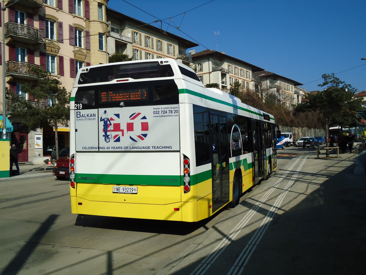 (143'282) - transN, La Chaux-de-Fonds - Nr. 219/NE 93'219 - Volvo (ex TN Neuchtel Nr. 219) am 19. Februar 2013 beim Bahnhof Neuchtel