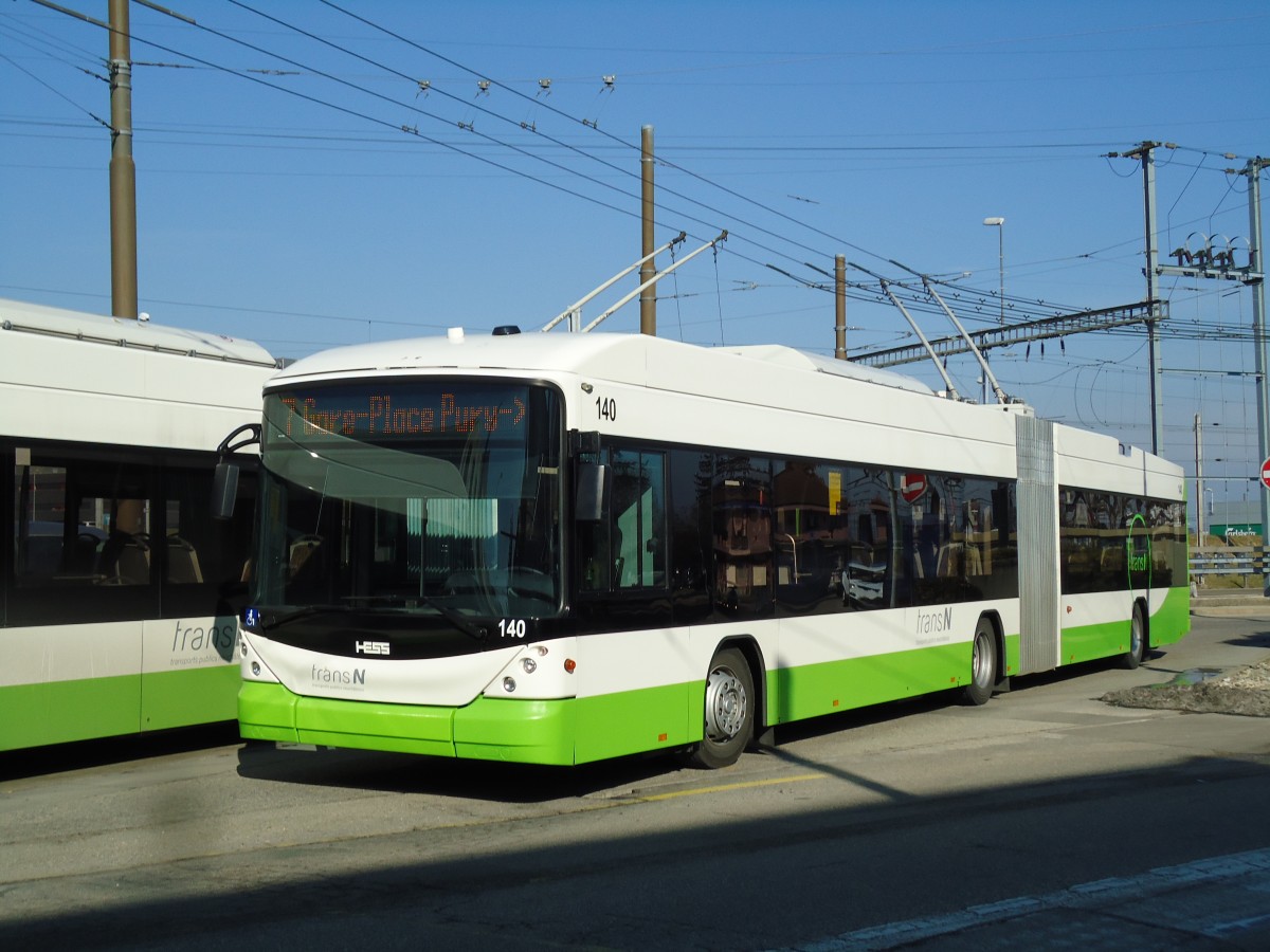 (143'290) - transN, La Chaux-de-Fonds - Nr. 140 - Hess/Hess Gelenktrolleybus (ex TN Neuchtel Nr. 140) am 19. Februar 2013 beim Bahnhof Marin