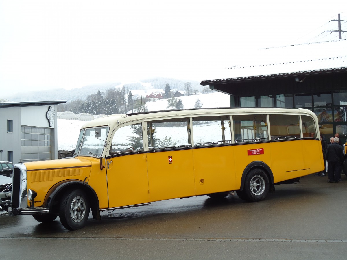 (143'689) - Baumgartner, Horn - Nr. 4/SG 112'580 - Saurer/Saurer (ex Nr. 2; ex Montegazzi, Riva San Vitale; ex AMSA Chiasso Nr. 20; ex OAK Wangen a.A. Nr. 10; ex P 23'082; ex P 2134) am 20. April 2013 in Goldach, Garage Schwizer