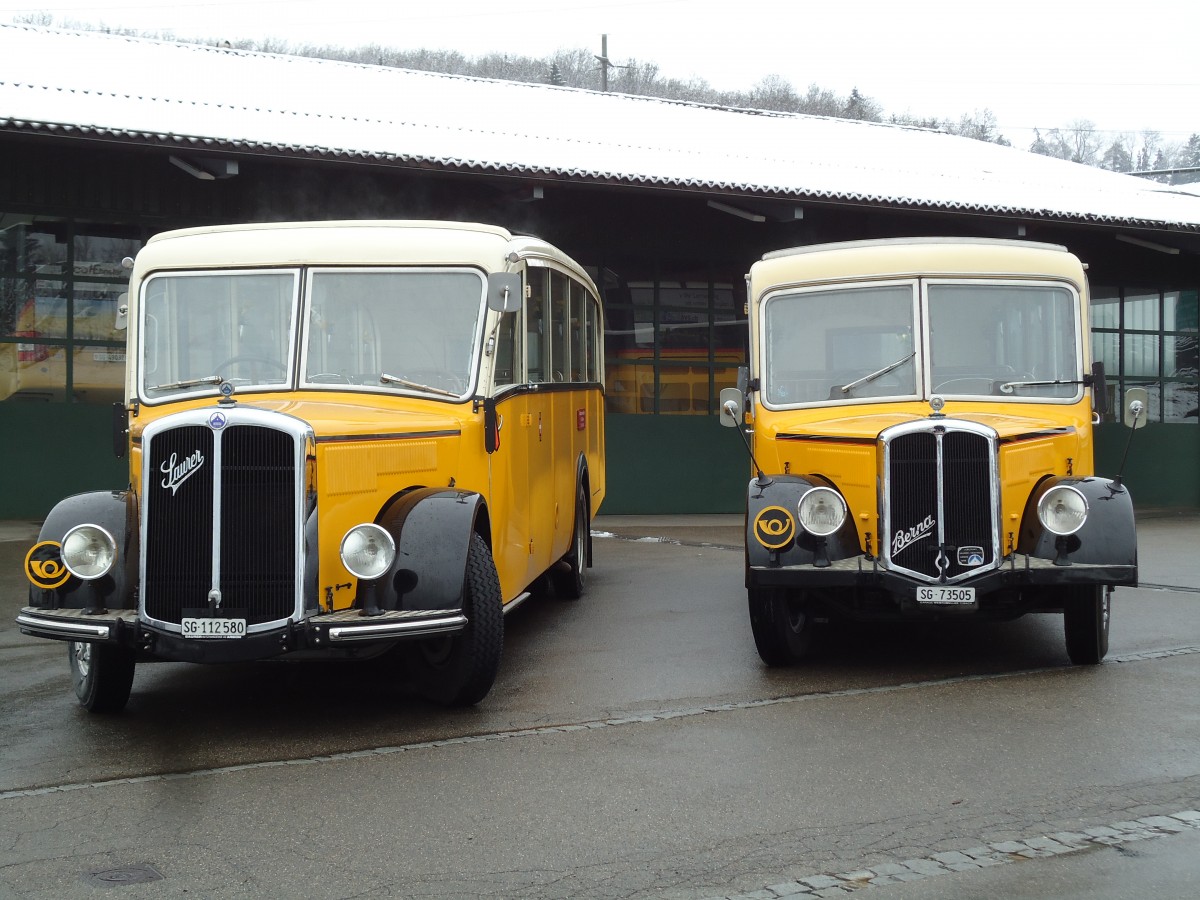 (143'692) - Baumgartner, Horn - Nr. 4/SG 112'580 - Saurer/Saurer (ex Nr. 2; ex Montegazzi, Riva San Vitale; ex AMSA Chiasso Nr. 20; ex OAK Wangen a.A. Nr. 10; ex P 23'082) + Nr. 1/SG 73'505 - Berna/Hess (ex Chiesa, Minusio) am 20. April 2013 in Goldach, Garage Schwizer