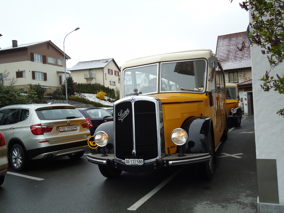 (143'701) - Baumgartner, Horn - Nr. 4/SG 112'580 - Saurer/Saurer (ex Nr. 2; ex Montegazzi, Riva San Vitale; ex AMSA Chiasso Nr. 20; ex OAK Wangen a.A. Nr. 10; ex P 23'082; ex P 2134) am 20. April 2013 in Rorschacherberg, Rest. Rebstock