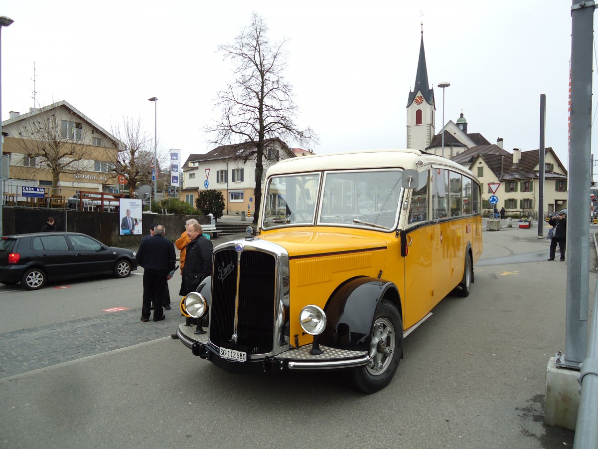 (143'707) - Baumgartner, Horn - Nr. 4/SG 112'580 - Saurer/Saurer (ex Nr. 2; ex Montegazzi, Riva San Vitale; ex AMSA Chiasso Nr. 20; ex OAK Wangen a.A. Nr. 10; ex P 23'082; ex P 2134) am 20. April 2013 beim Bahnhof Goldach