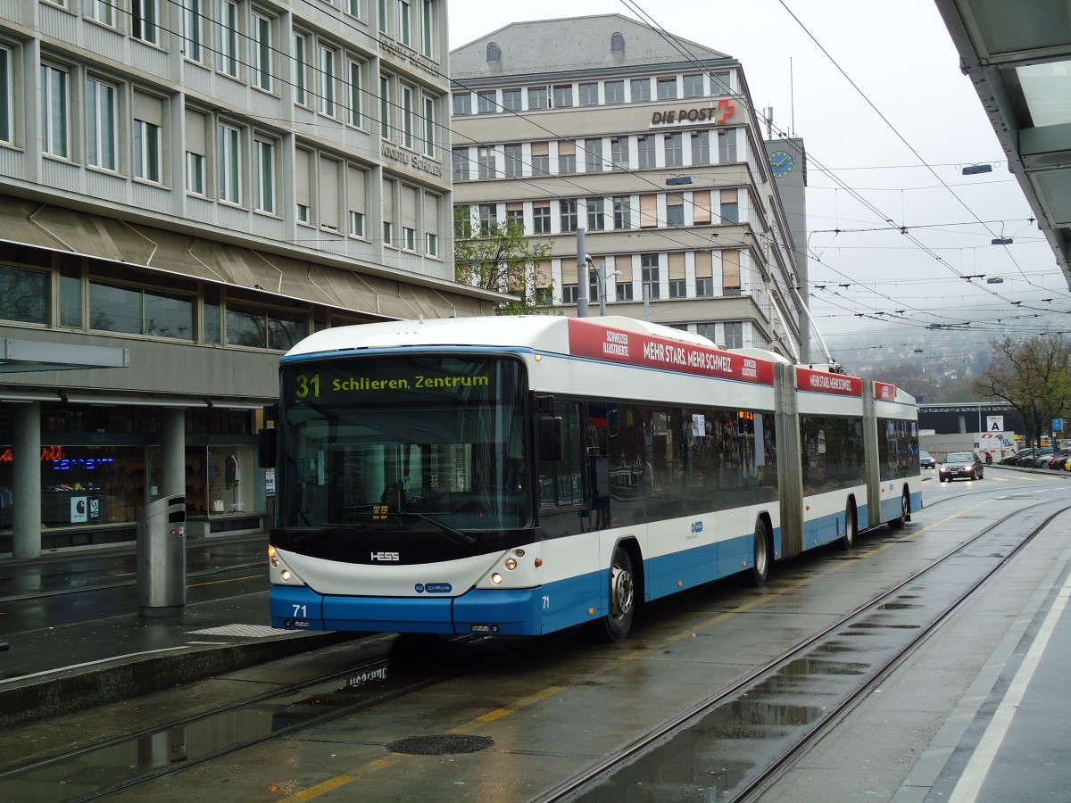 (143'719) - VBZ Zrich - Nr. 71 - Hess/Hess Doppelgelenktrolleybus am 21. April 2013 in Zrich, Sihlpost