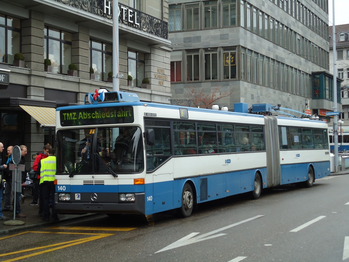 (143'728) - VBZ Zrich - Nr. 140 - Mercedes Gelenktrolleybus am 21. April 2013 in Zrich, Hotel Schweizerhof