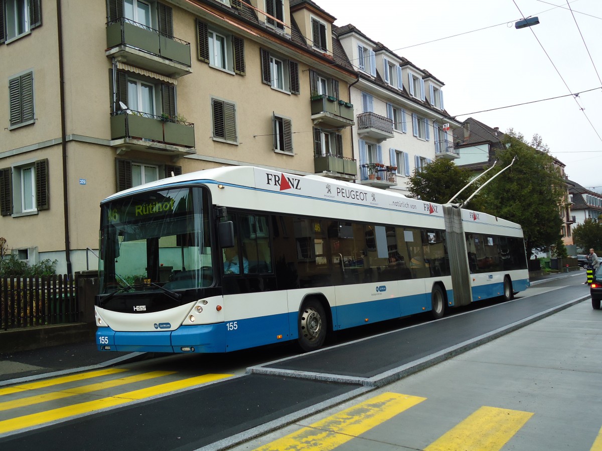 (143'765) - VBZ Zrich - Nr. 155 - Hess/Hess Gelenktrolleybus am 21. April 2013 in Zrich, Lehenstrasse