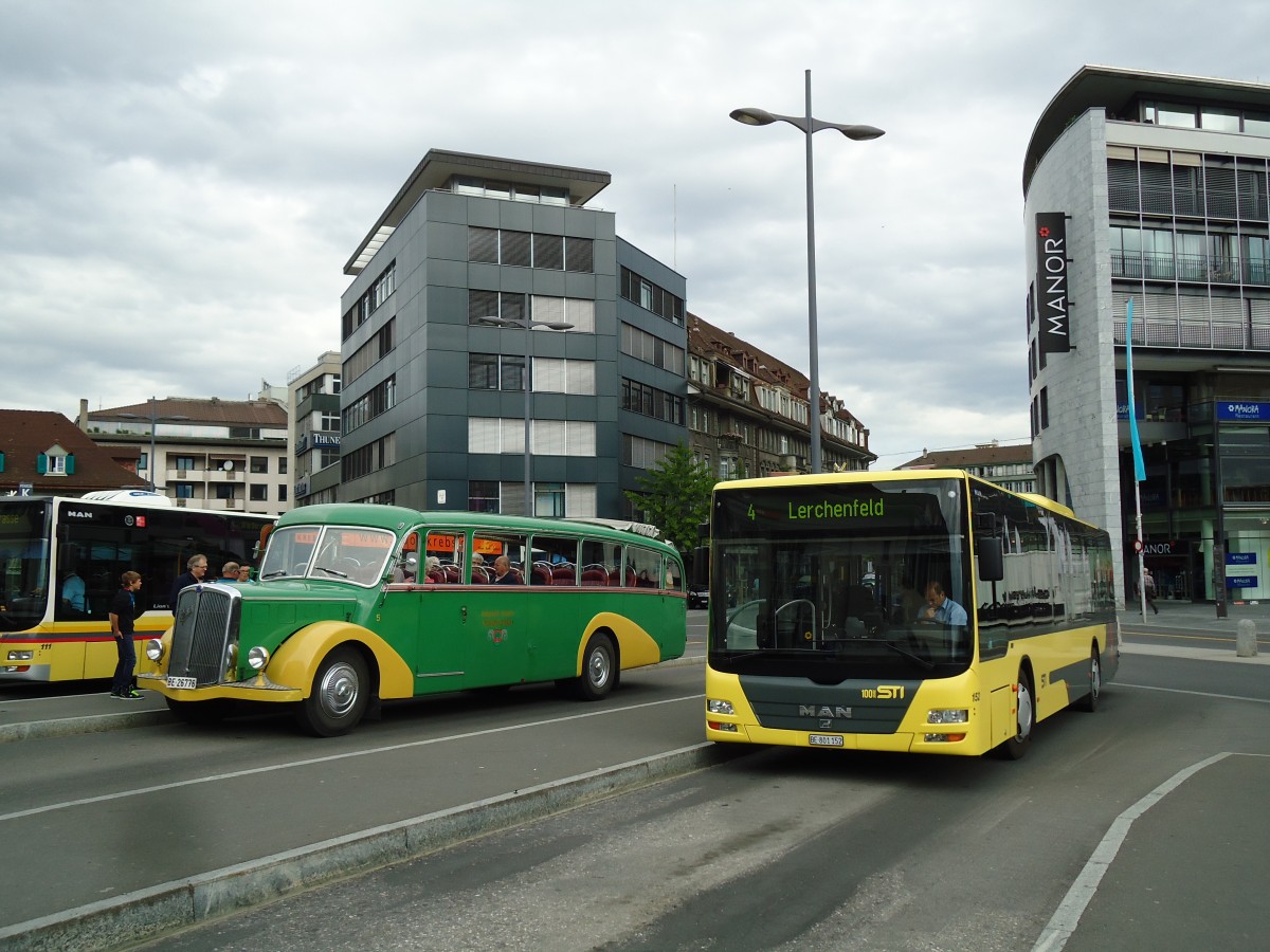 (144'859) - STI Thun - Nr. 15/BE 26'776 - Saurer/Gangloff (ex AvH Heimenschwand Nr. 5) + Nr. 152/BE 801'152 - MAN am 9. Juni 2013 beim Bahnhof Thun