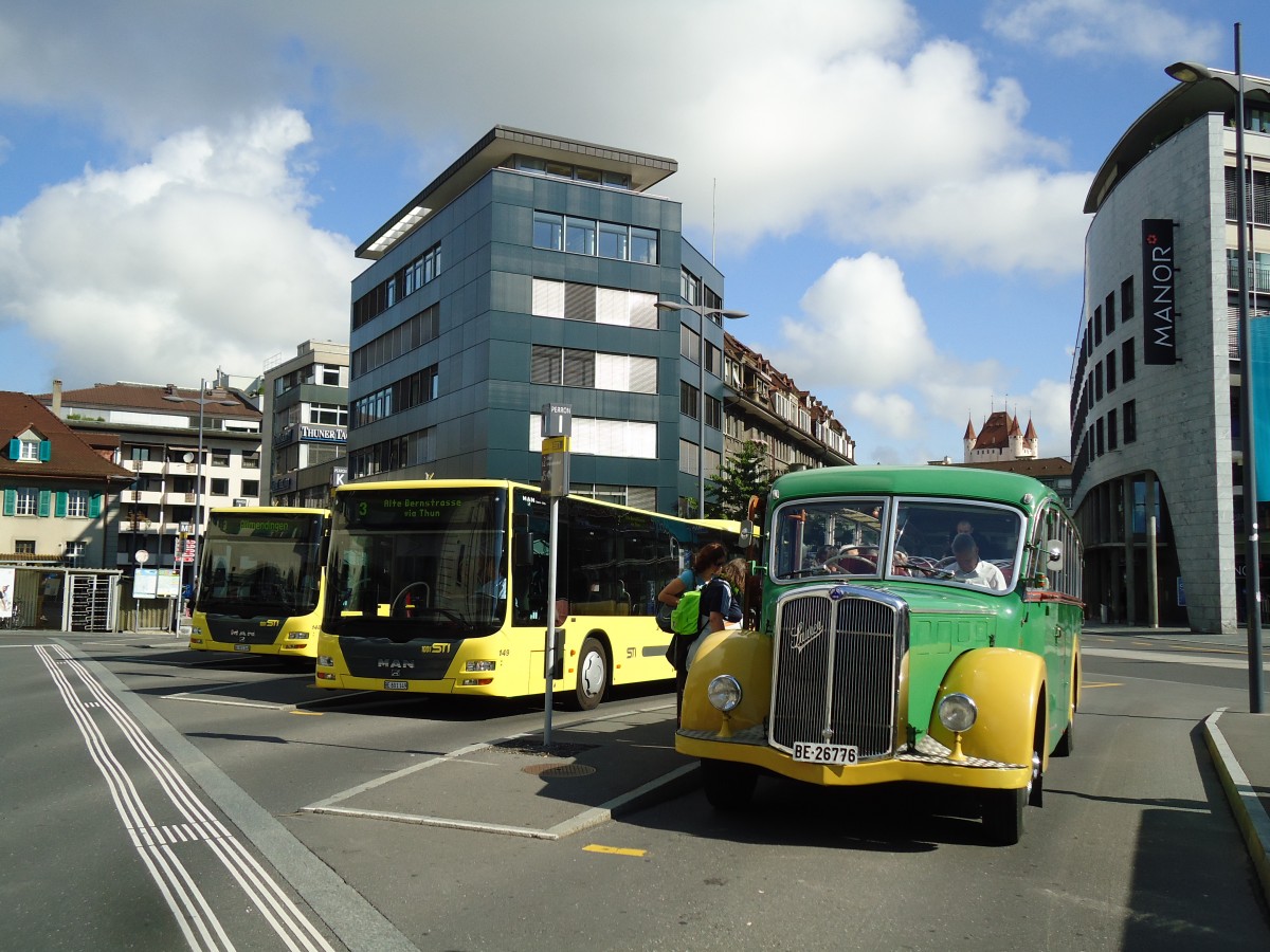 (145'520) - STI Thun - Nr. 15/BE 26'776 - Saurer/Gangloff (ex AvH Heimenschwand Nr. 5) am 30. Juni 2013 beim Bahnhof Thun