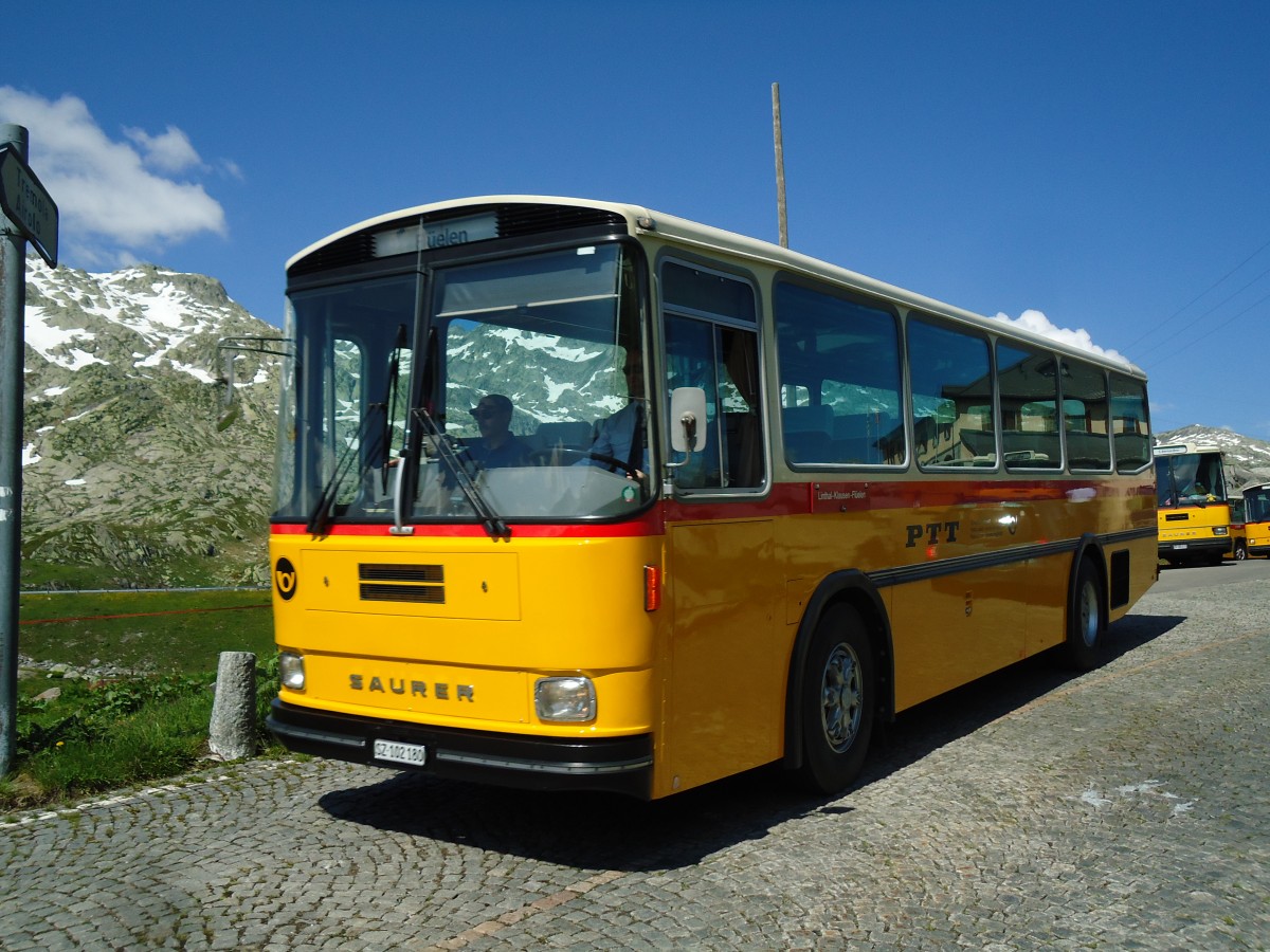 (145'846) - Inkamp, Altendorf - SZ 102'180 - Saurer/Tscher (ex Koch, Giswil; ex Selfors, Meiringen; ex P 24'236) am 20. Juli 2013 in Gotthard, Passhhe