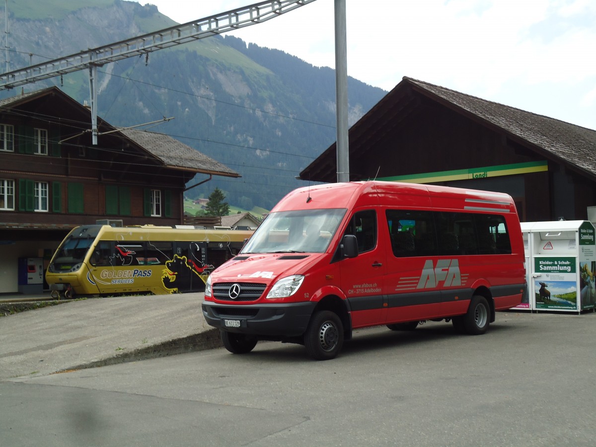 (146'149) - AFA Adelboden - Nr. 52/BE 611'129 - Mercedes am 28. Juli 2013 beim Bahnhof Lenk