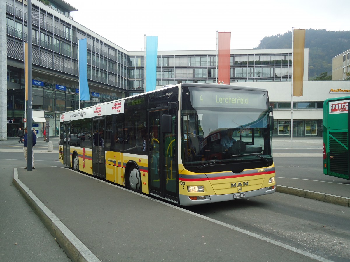 (147'420) - STI Thun - Nr. 130/BE 801'130 - MAN am 29. September 2013 beim Bahnhof Thun