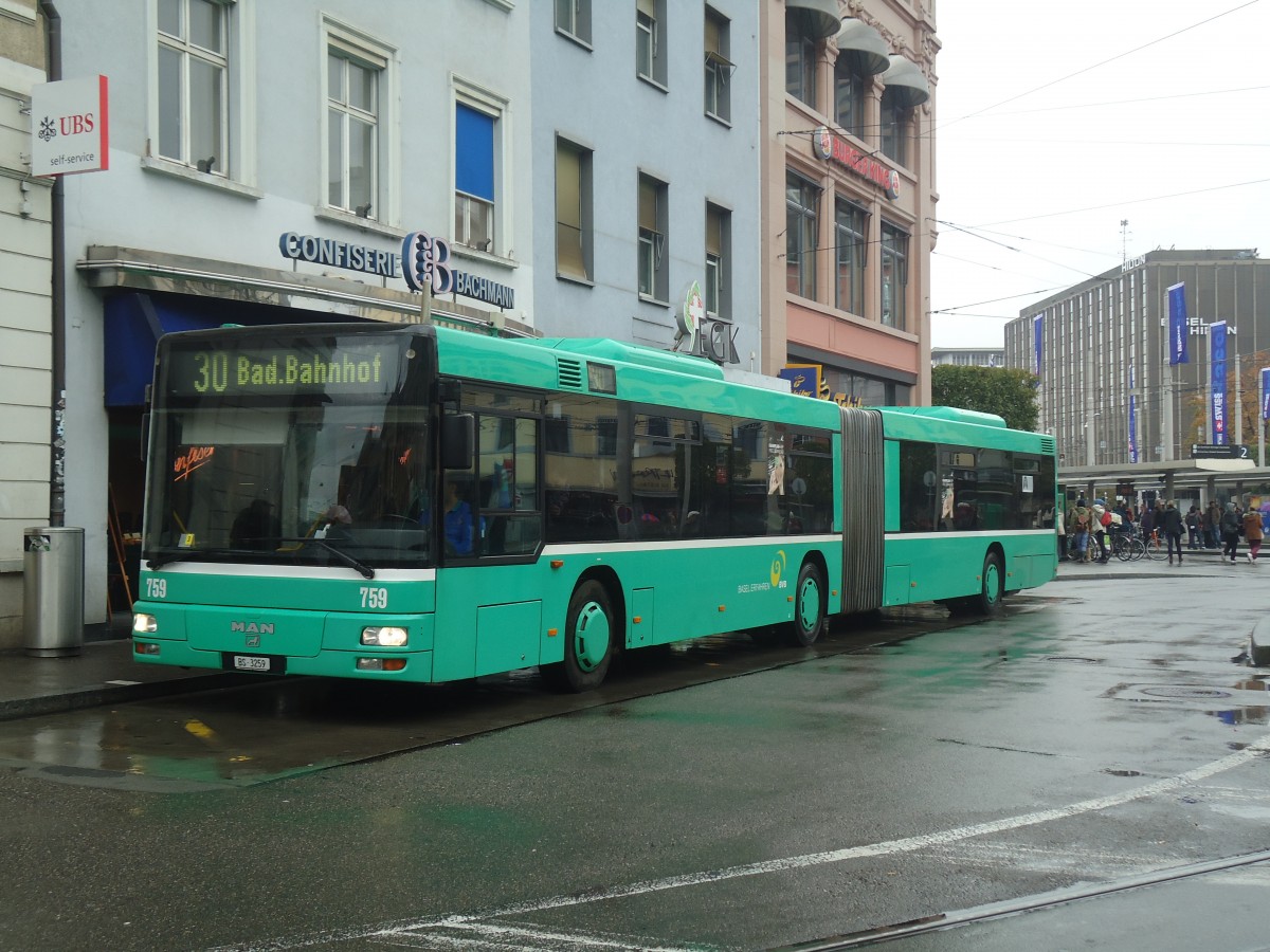 (147'536) - BVB Basel - Nr. 759/BS 3259 - MAN am 20. Oktober 2013 beim Bahnhof Basel