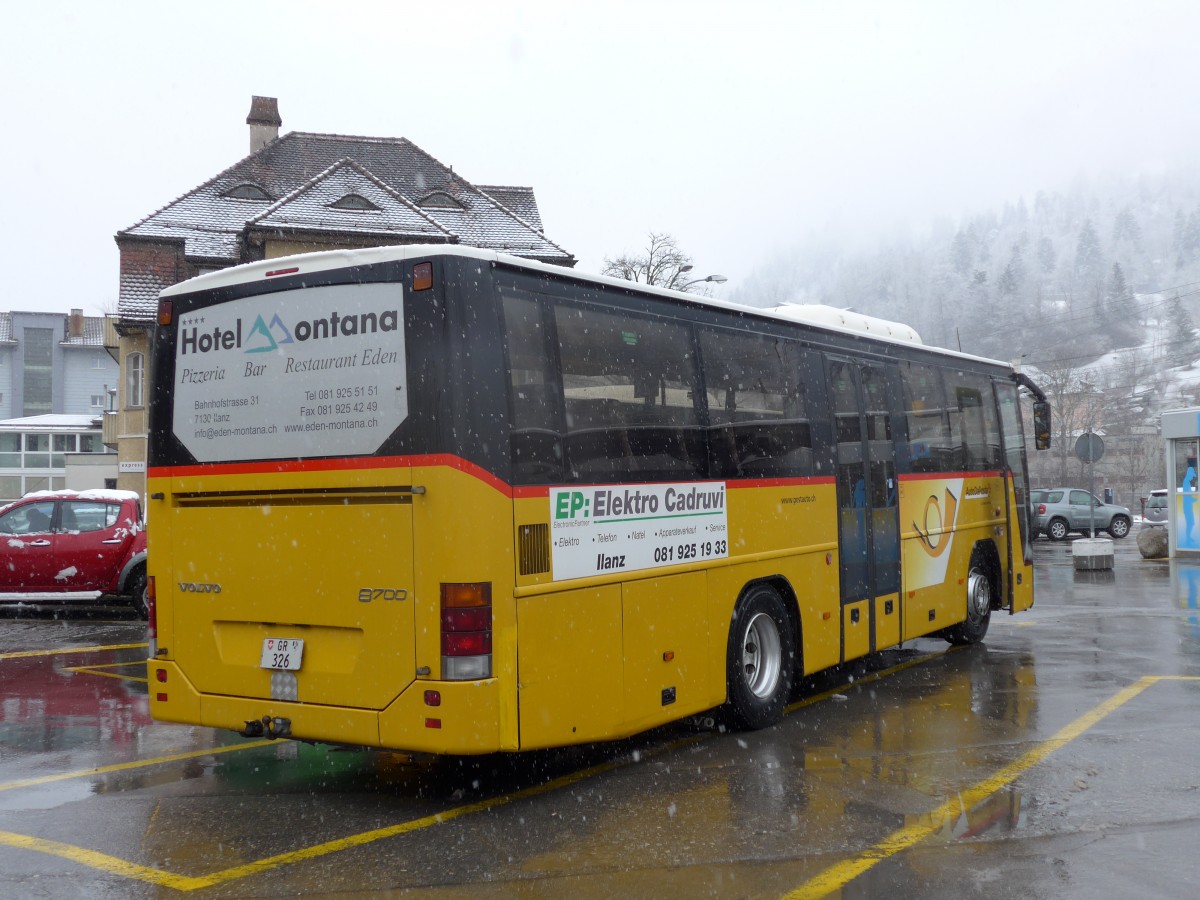 (149'072) - Fontana, Ilanz - Nr. 10/GR 326 - Volvo (ex Nr. 1) am 1. Mrz 2014 beim Bahnhof Ilanz