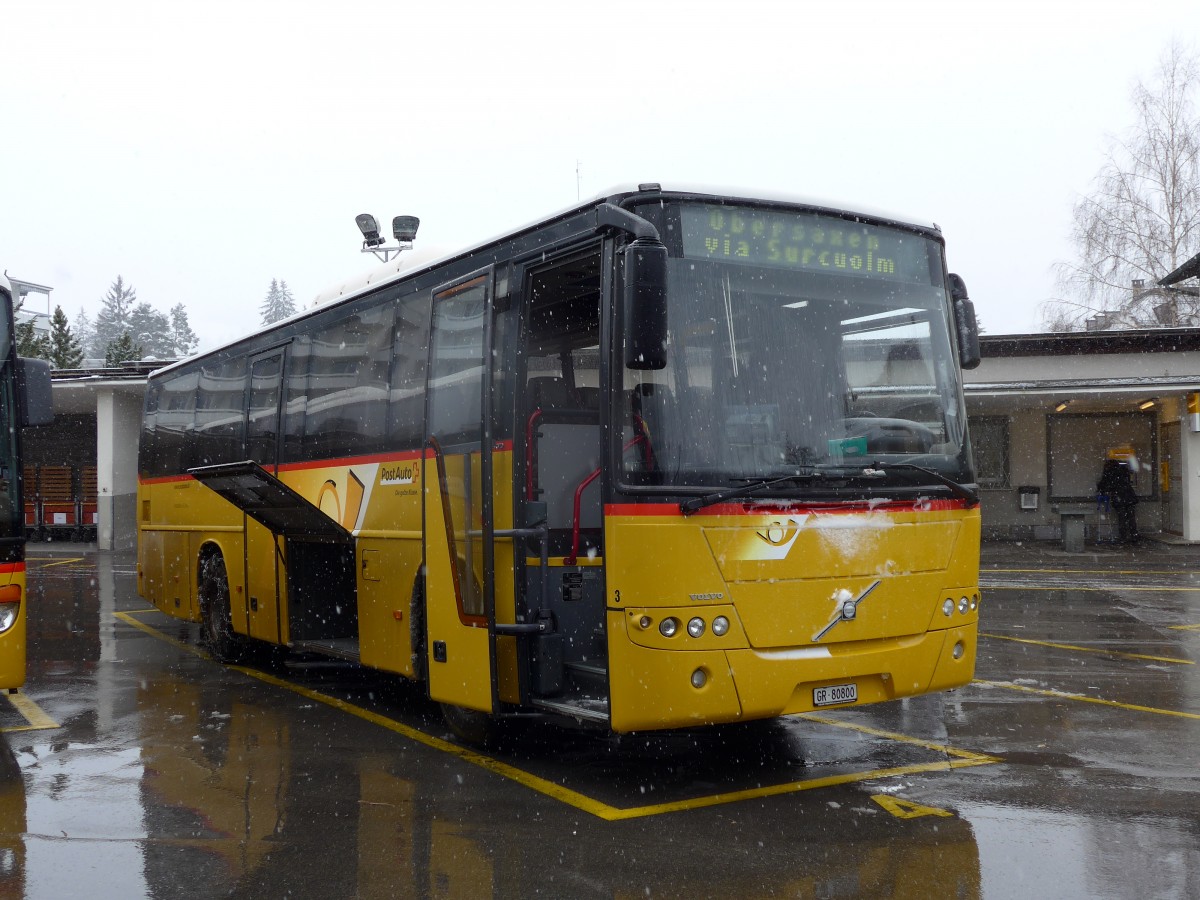 (149'073) - Fontana, Ilanz - Nr. 3/GR 80'800 - Volvo (ex Nr. 11) am 1. Mrz 2014 beim Bahnhof Ilanz