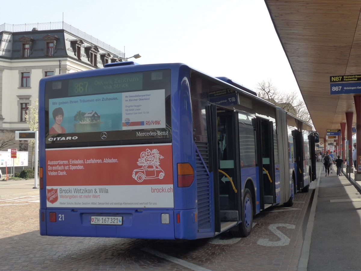 (149'501) - VZO Grningen - Nr. 21/ZH 167'321 - Mercedes am 31. Mrz 2014 beim Bahnhof Wetzikon