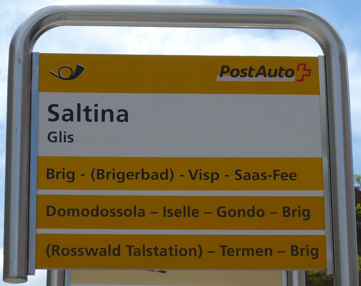 (149'686) - PostAuto-Haltestellenschild - Glis, Saltina - am 20. April 2014