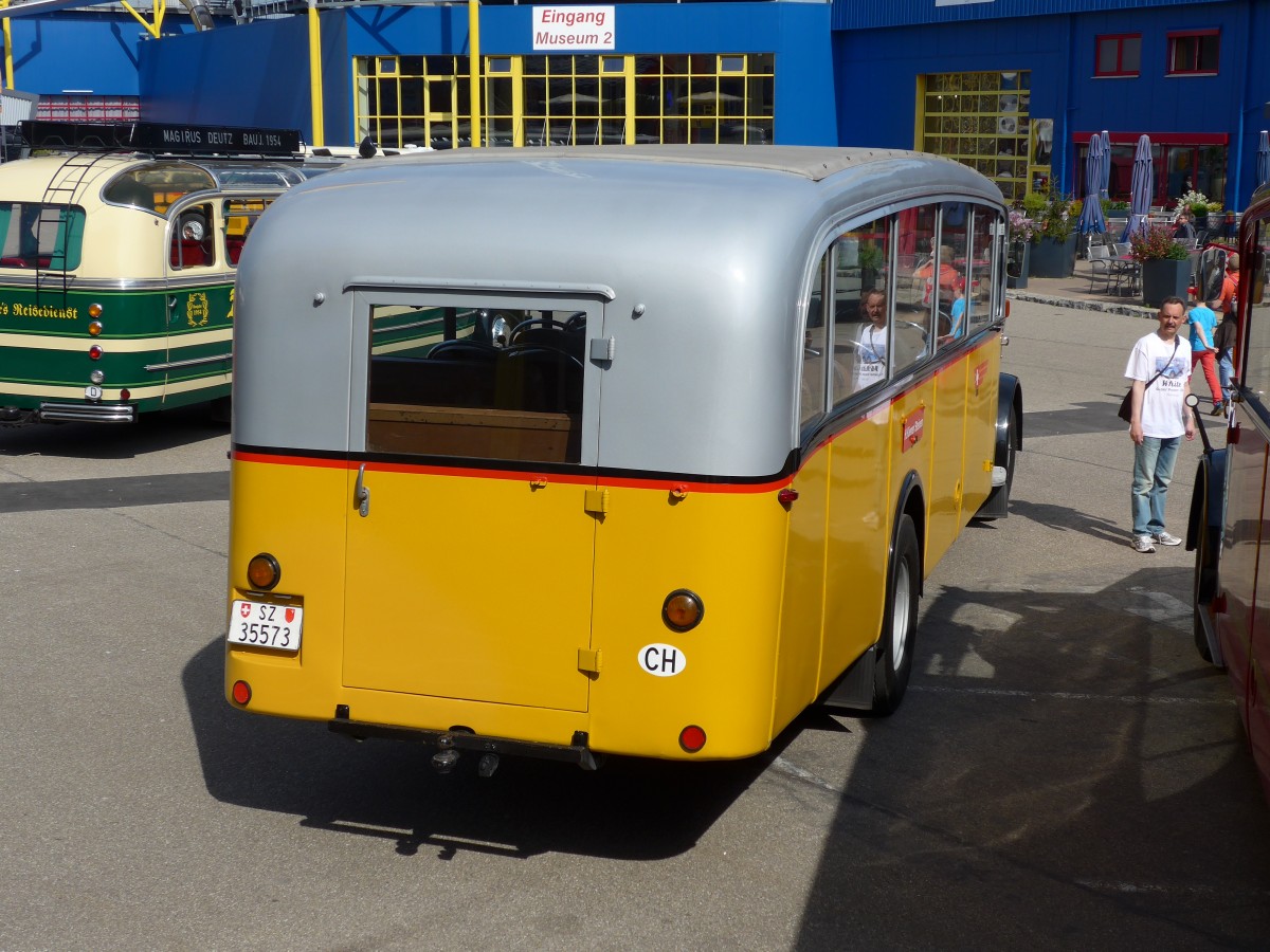 (149'770) - Aus der Schweiz: Kiener, Steinen - SZ 35'573 - Saurer/Eggli (ex Marti, Luzern; ex P 23'095; ex P 2147) am 25. April 2014 in Sinsheim, Museum