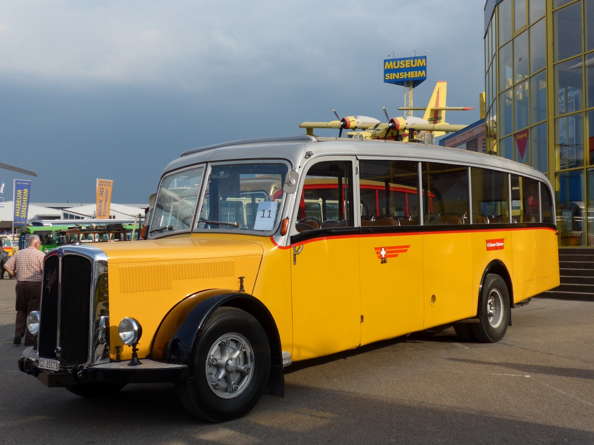 (150'124) - Aus der Schweiz: Kiener, Steinen - SZ 35'573 - Saurer/Eggli (ex Marti, Luzern; ex P 23'095; ex P 2147) am 25. April 2014 in Sinsheim, Museum 