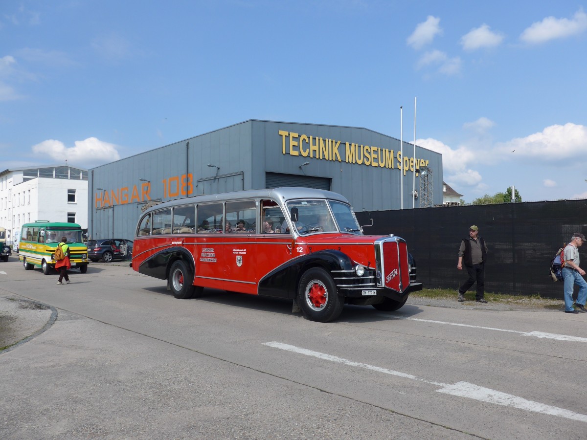 (150'444) - Aus der Schweiz: Meier, Grt - Nr. 12/ZH 27'216 - FBW/R&J (ex Wespe, Altsttten; ex AFA Adelboden Nr. 12) am 26. April 2014 in Speyer, Technik-Museum