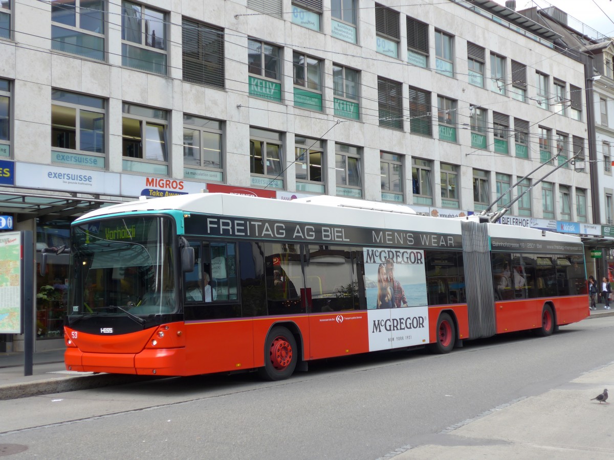 (151'076) - VB Biel - Nr. 53 - Hess/Hess Gelenktrolleybus am 29. Mai 2014 in Biel, Guisanplatz