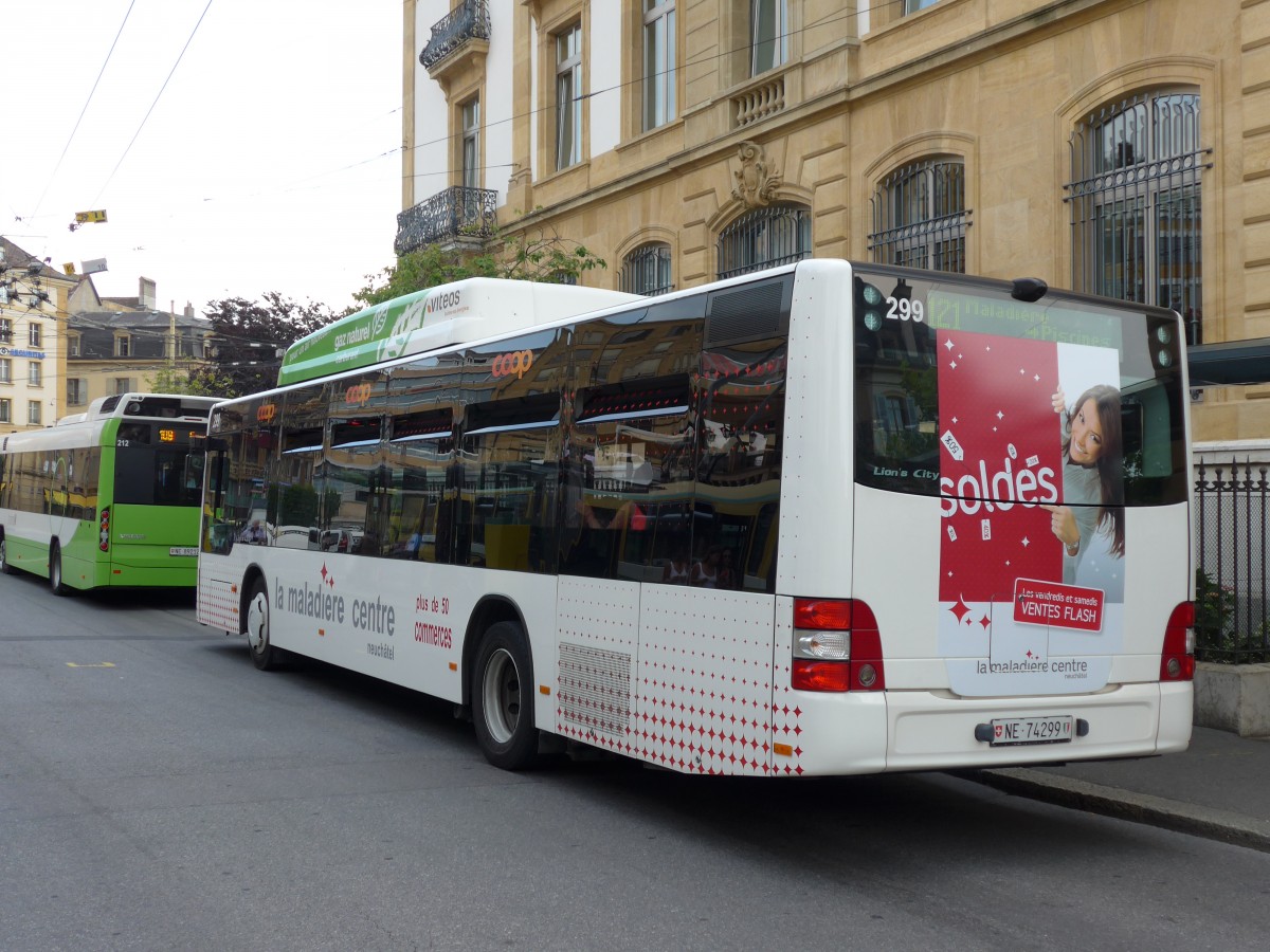 (151'496) - transN, La Chaux-de-Fonds - Nr. 299/NE 74'299 - MAN (ex TN Neuchtel Nr. 299) am 12. Juni 2014 in Neuchtel, Place Pury