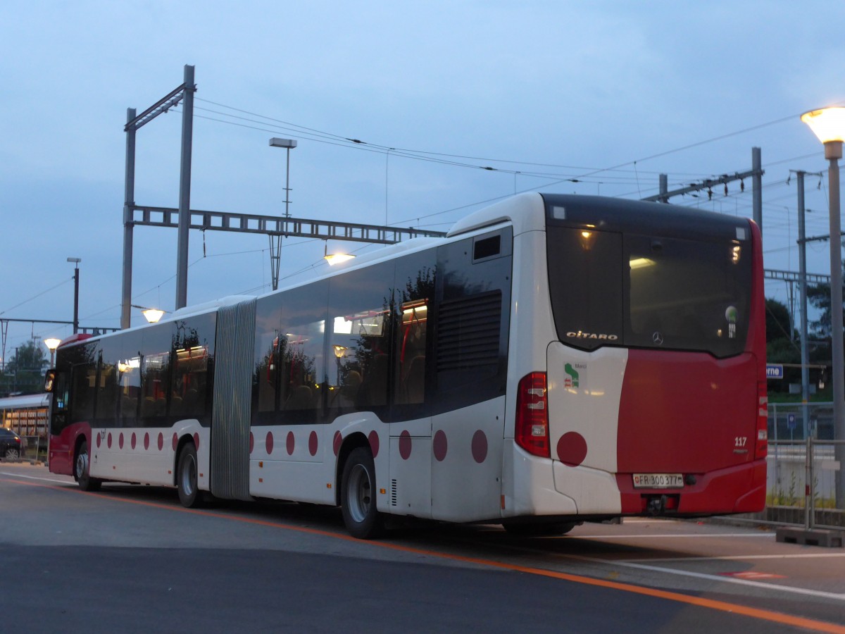 (153'459) - TPF Fribourg - Nr. 117/FR 300'377 - Mercedes am 23. Juli 2014 beim Bahnhof Payerne