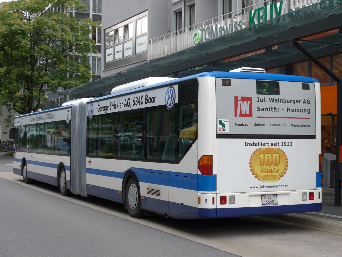 (154'078) - ZVB Zug - Nr. 8/ZG 3358 - Mercedes am 19. August 2014 beim Bahnhof Zug