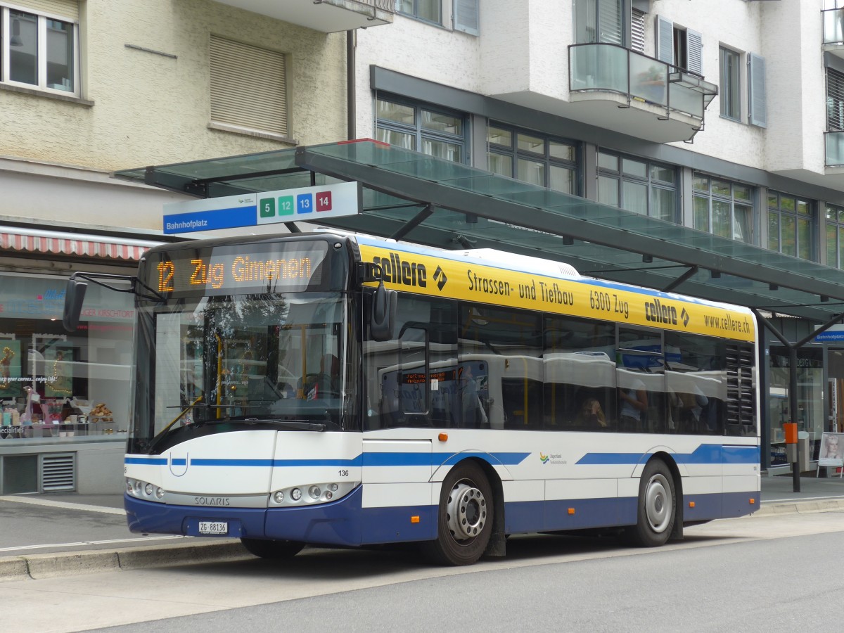 (154'109) - ZVB Zug - Nr. 136/ZG 88'136 - Solaris am 19. August 2014 beim Bahnhof Zug